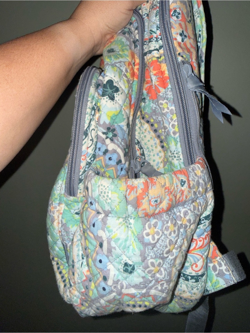Vera Bradley Gray Quilted Paisley Backpack with Mint & Coral Accents - Picture 8 of 10